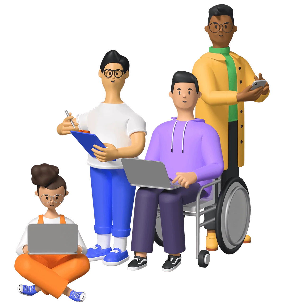 Four illustrated people: a white feminine person with curly hair and glasses sitting cross legged with a laptop, a white non binary person with short black hair and glasses with a clipboard, a white masculine wheelchair user with short black hair with a laptop, and a black masculine person with glasses standing in a yellow trench coat and green turtleneck.